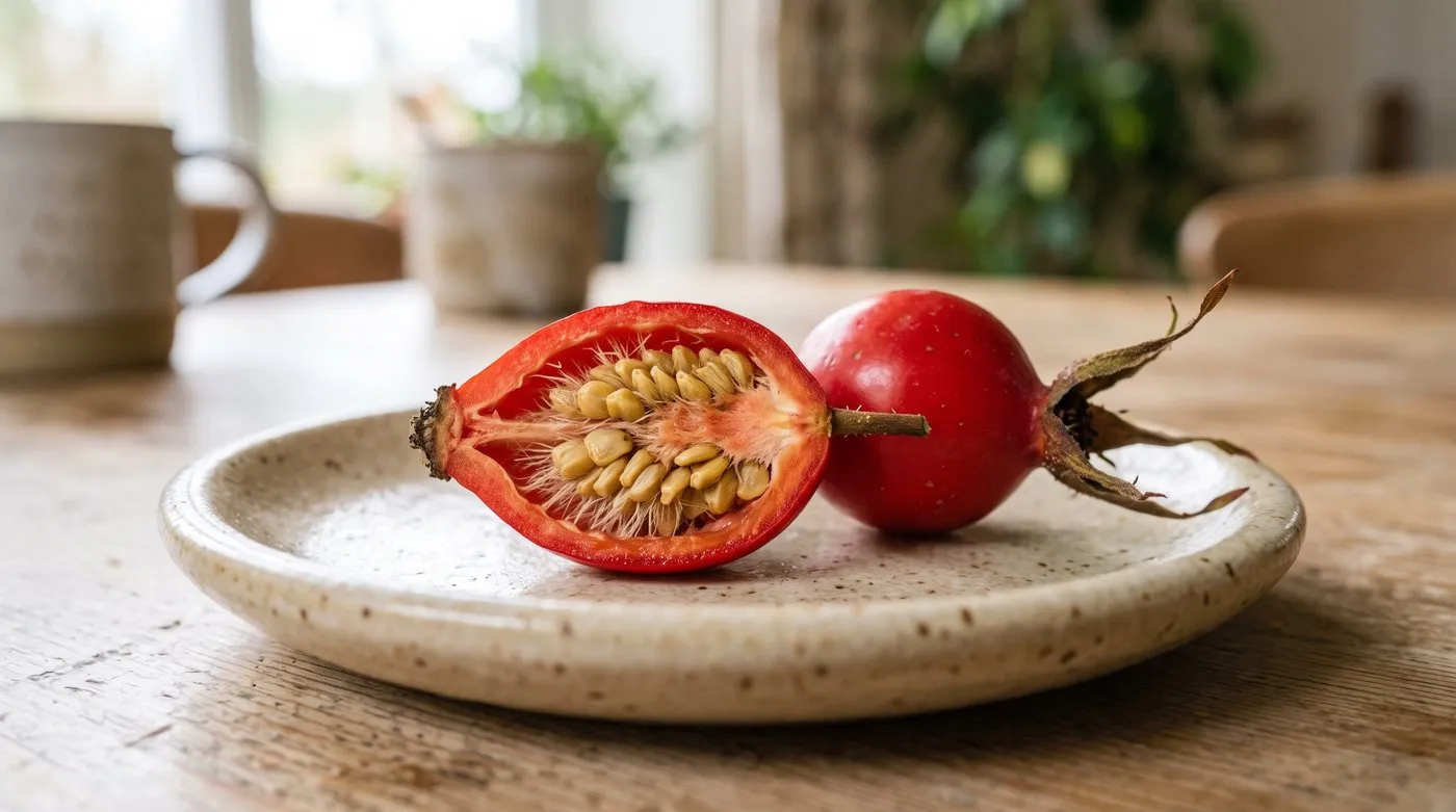 Cross-section of a rose hip sliced in half showing the red flesh, pale seeds and fine irritant hairs inside