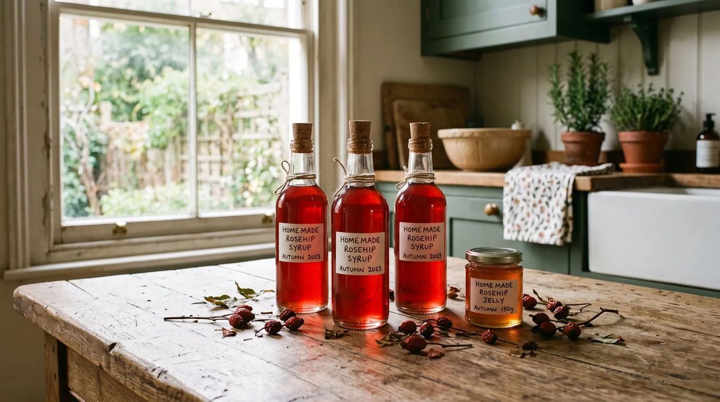 Bottles of homemade rosehip syrup with a jar of amber rosehip jelly and dried hips on a rustic table