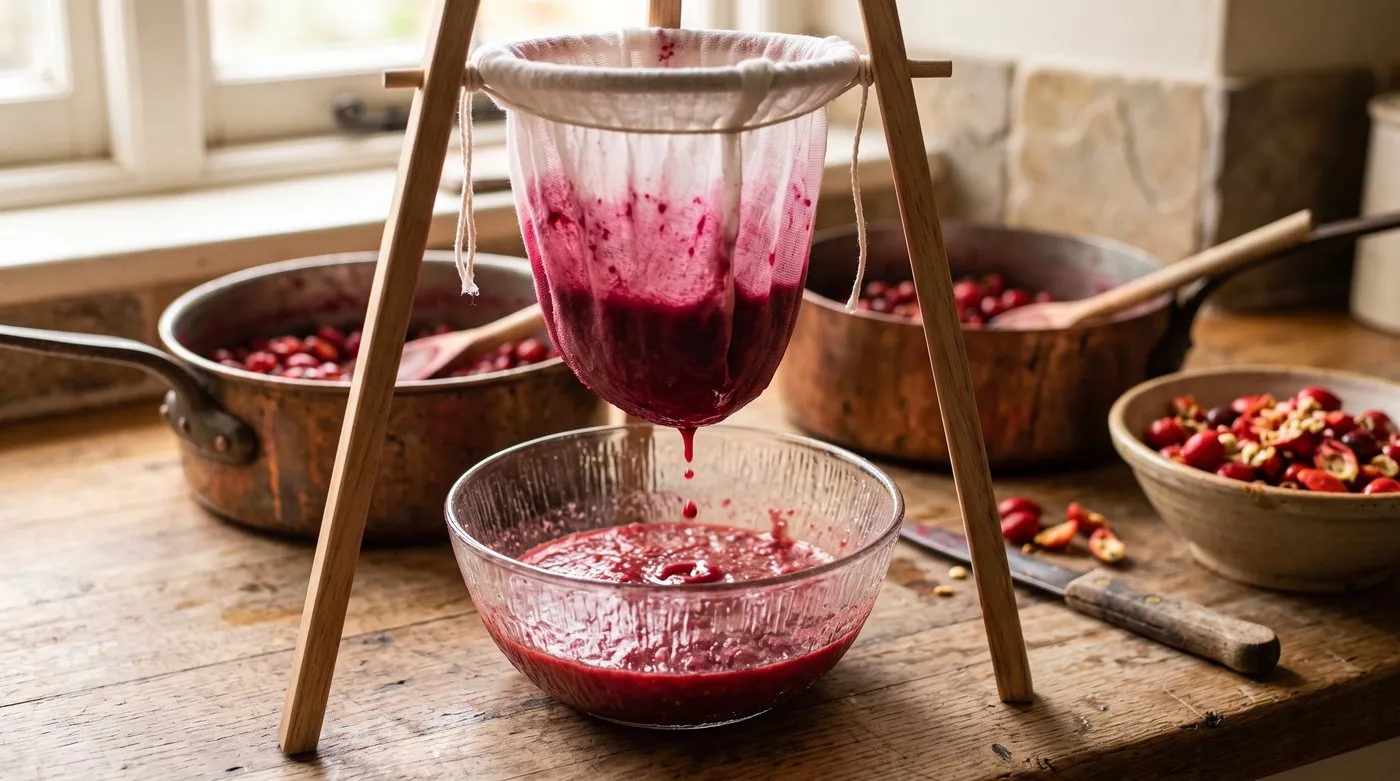 Deep pink rosehip pulp dripping through a muslin jelly bag suspended over a glass bowl in a kitchen