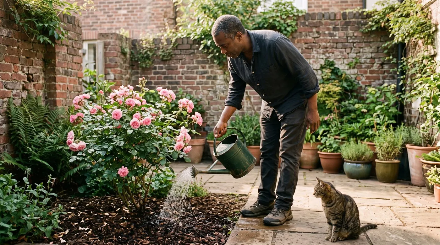 Man pouring a watering can at the base of a mulched pink rose as a tabby cat watches