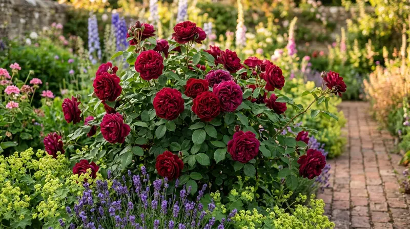 Healthy English shrub rose Munstead Wood in full crimson flower in a UK cottage garden