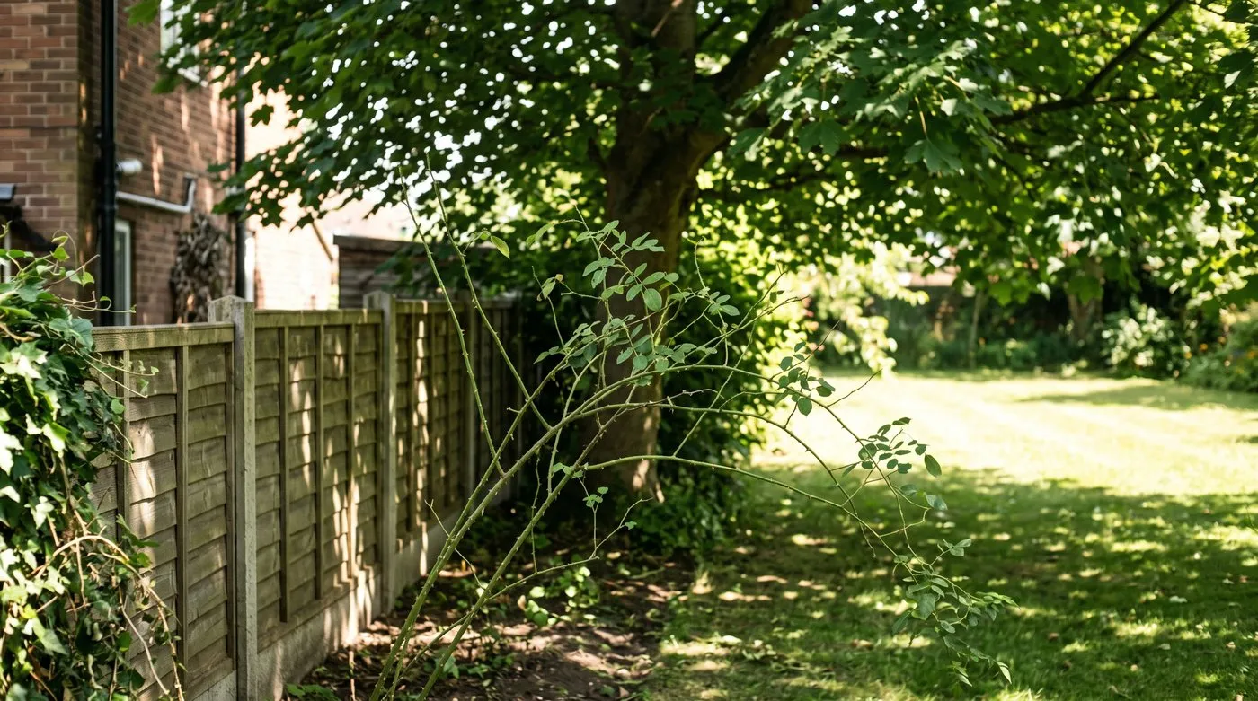 Leggy rose with long bare stems and no flowers leaning out of tree shade towards a sunny lawn