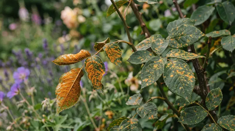 Rose leaves showing bright orange rust pustules on the undersides in a UK garden border