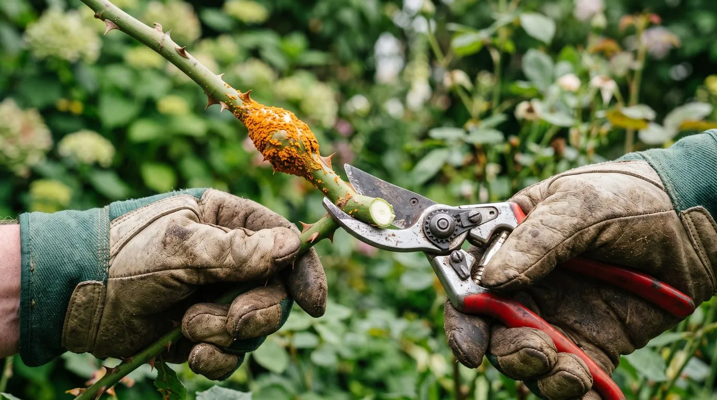 Pruning an infected rose stem showing a swollen orange rust lesion, cutting back to clean green wood