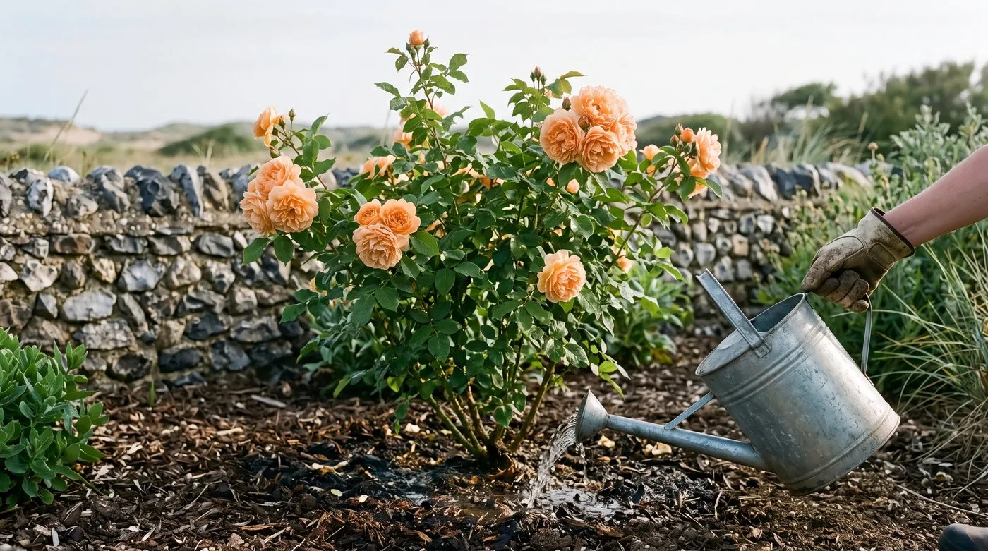 Open, well-spaced shrub rose being watered at the base with a watering can in the morning