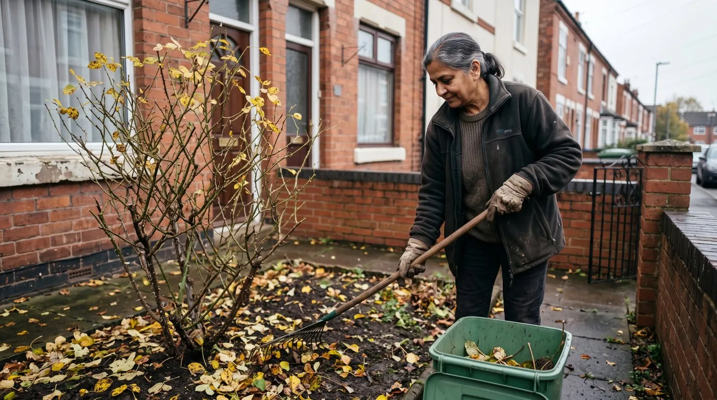Woman raking fallen rose leaves from under a rose bush into a garden waste bin in autumn