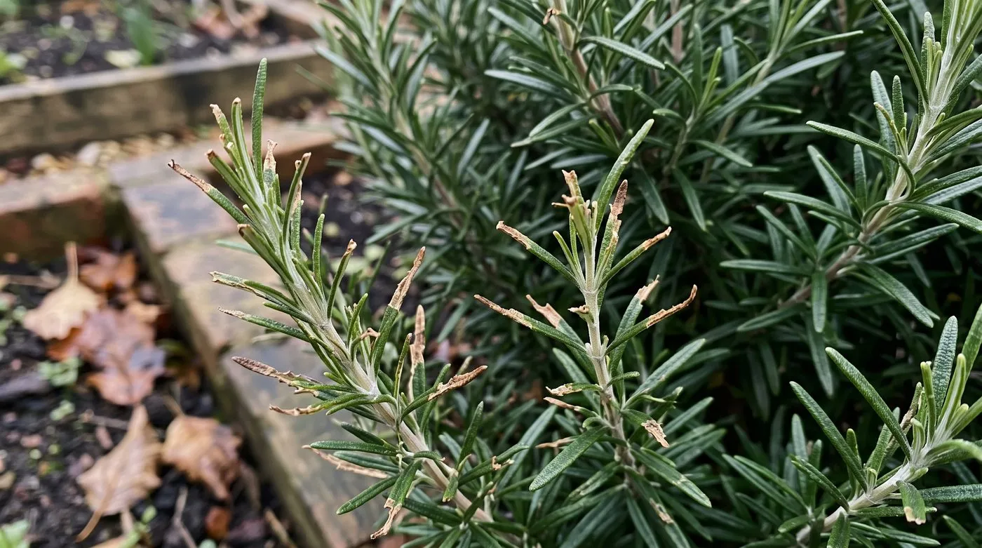 Rosemary shoot tips with chewed and stripped leaves from rosemary beetle damage