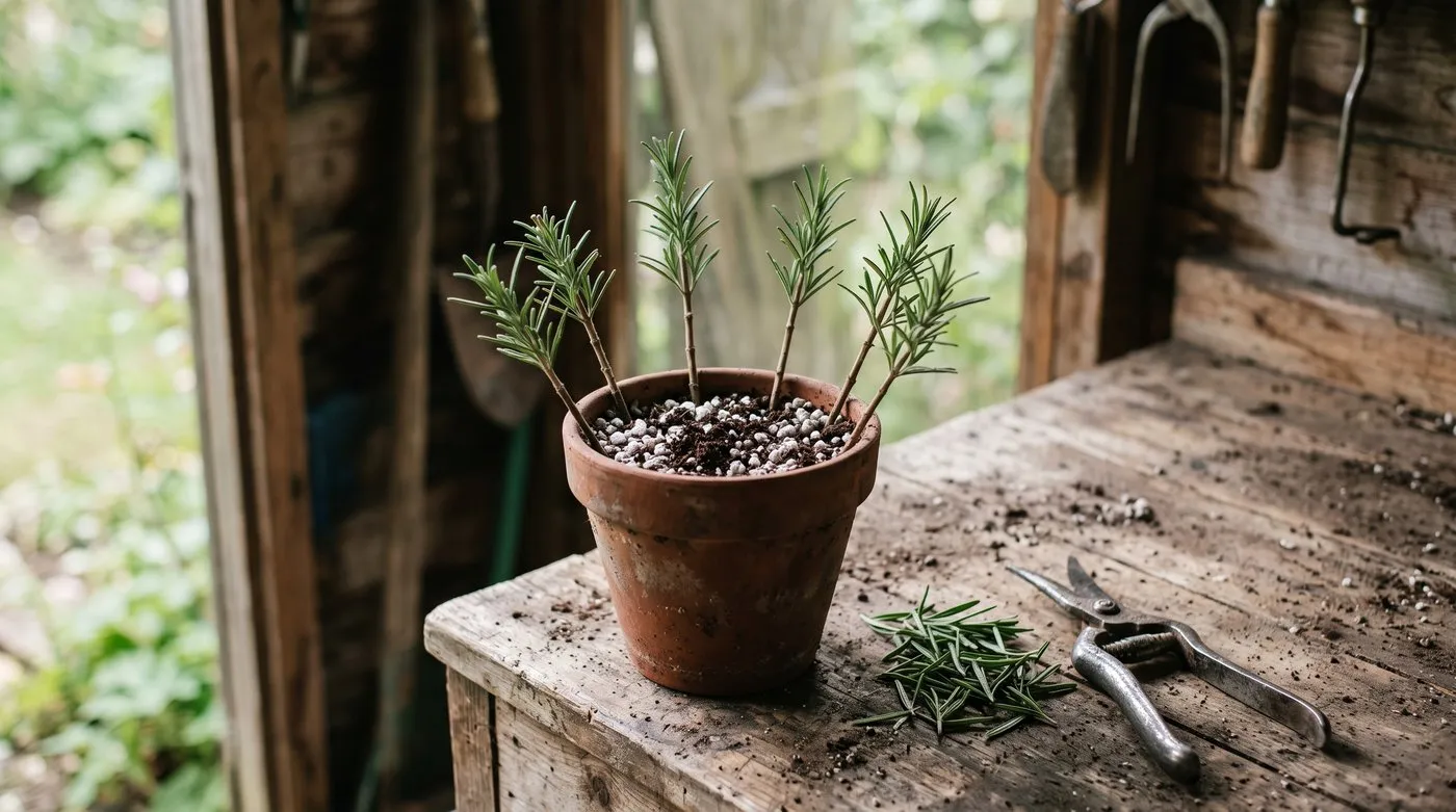 Rosemary cuttings with stripped lower stems pushed into a pot of perlite and compost