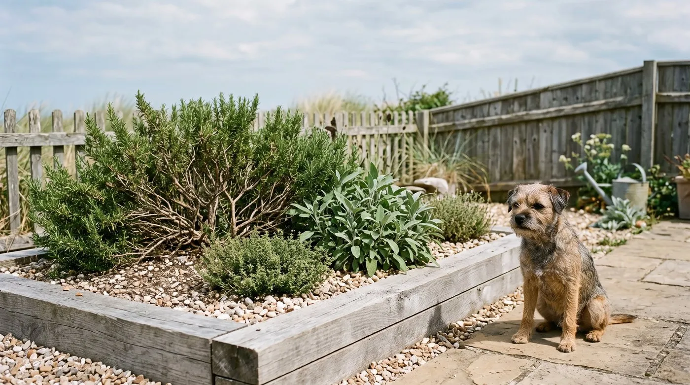 Rosemary in a gritty raised bed with gravel mulch, a terrier sitting on the paving