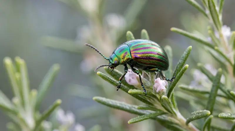 Metallic green and purple striped rosemary leaf beetle on rosemary foliage in close-up showing the distinctive jewel-like
