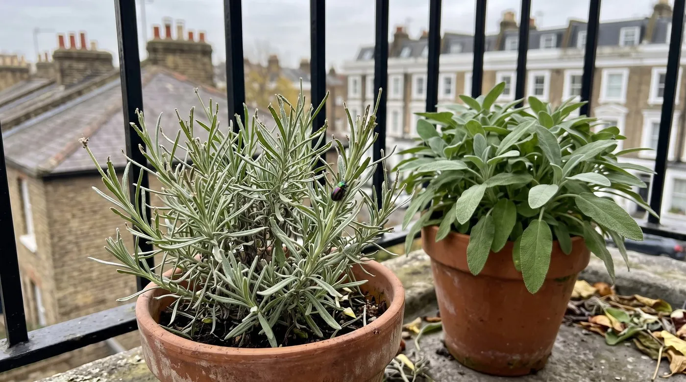 Potted lavender on a balcony with a rosemary leaf beetle on one of its shoots