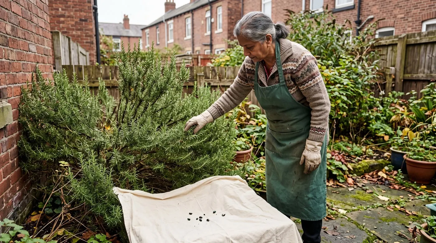 Gardener tapping a rosemary bush over a pale sheet to catch rosemary leaf beetles