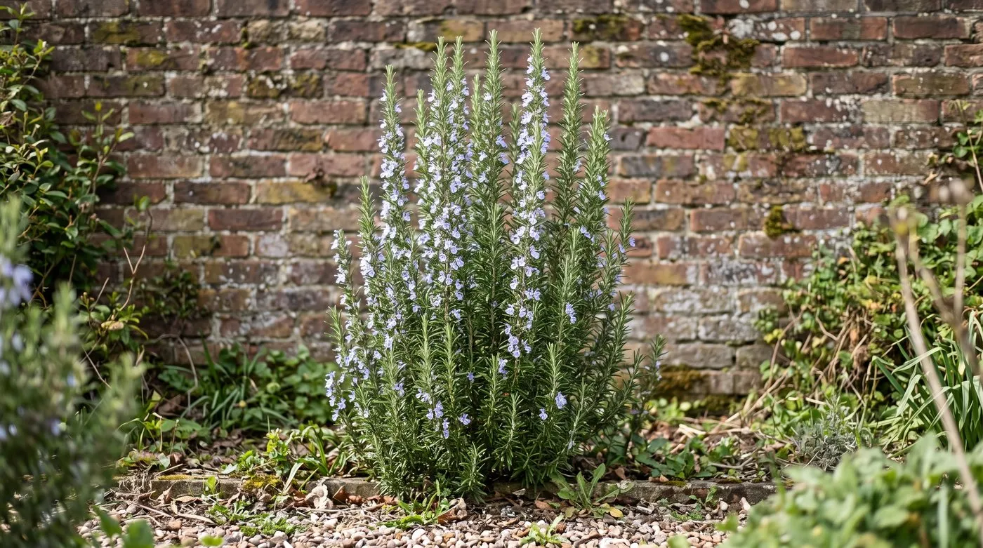 Upright rosemary bush covered in small pale blue flowers in a sunny border