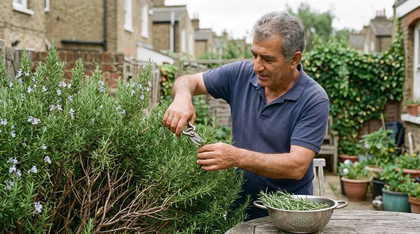 Man trimming soft green rosemary growth after flowering, above the woody stems