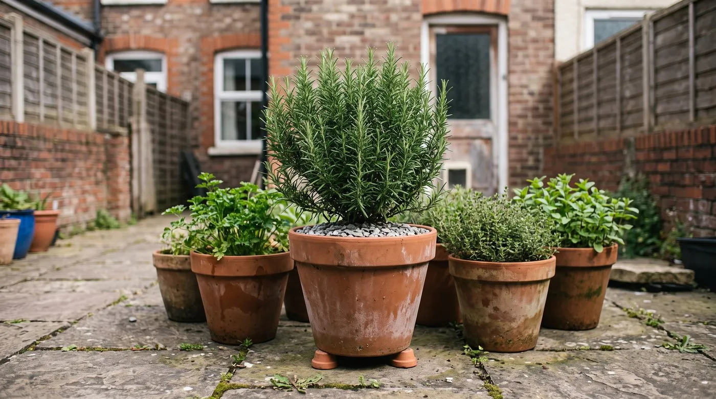 Rosemary in a terracotta pot with a gravel top dressing, raised on pot feet