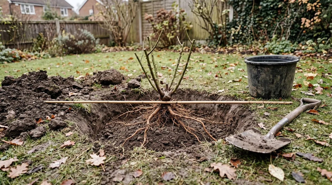 Bare-root rose set on a mound in a planting hole with the graft union level with a cane