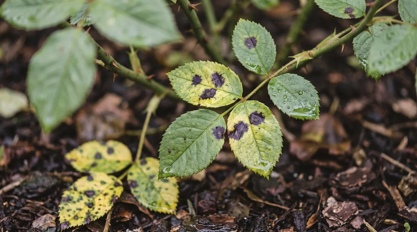 Rose leaves with ragged black spots and yellowing, typical of rose black spot