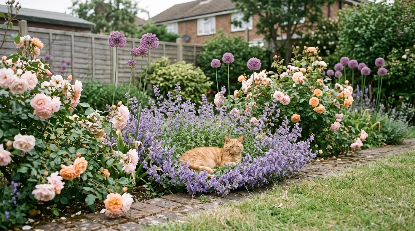 Pink and apricot roses with catmint and alliums, a ginger cat lying in the catmint