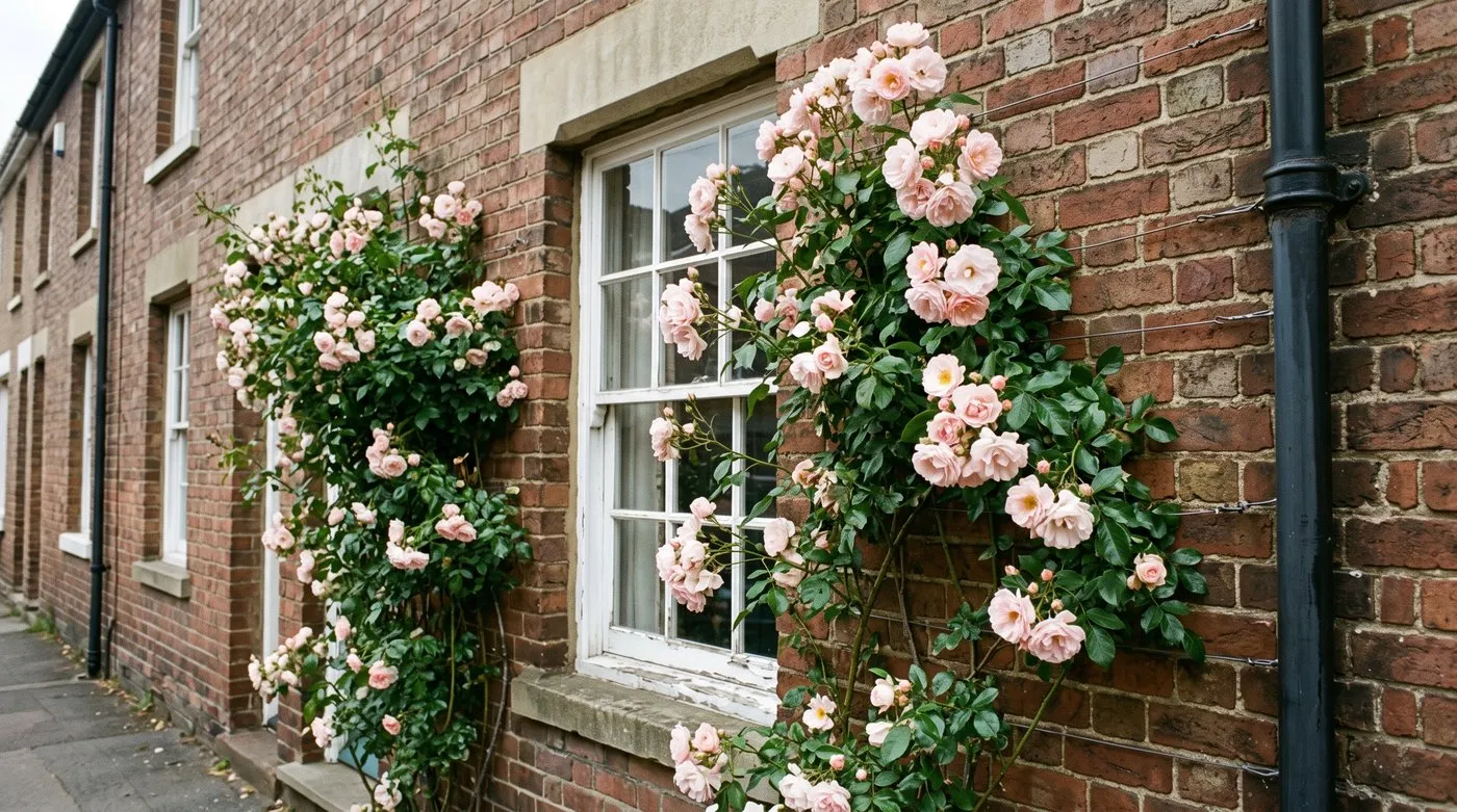 Climbing rose with blush-pink flowers trained on wires across a terraced house wall