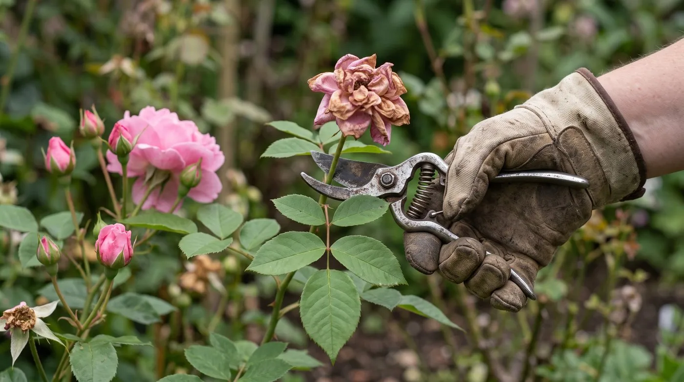 Secateurs cutting a faded rose bloom just above a healthy leaf
