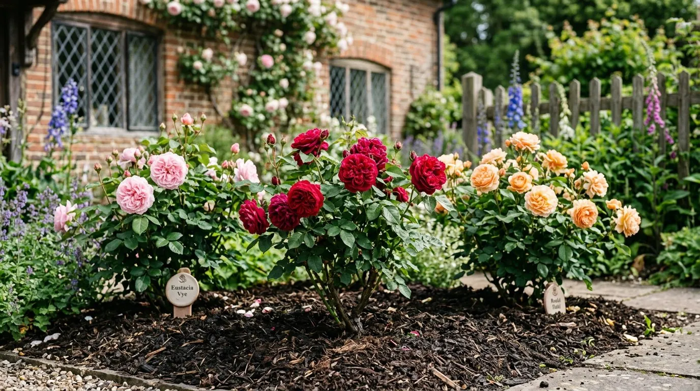 Established roses in a mulched cottage garden border with pink crimson and apricot blooms