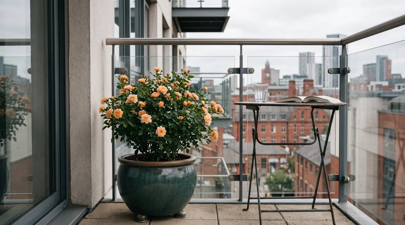 Compact apricot patio rose in a large glazed pot on pot feet on a flat balcony