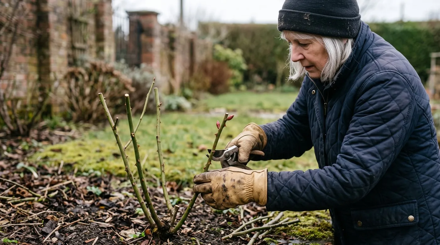 Older woman pruning a hybrid tea rose just above an outward-facing bud in early spring