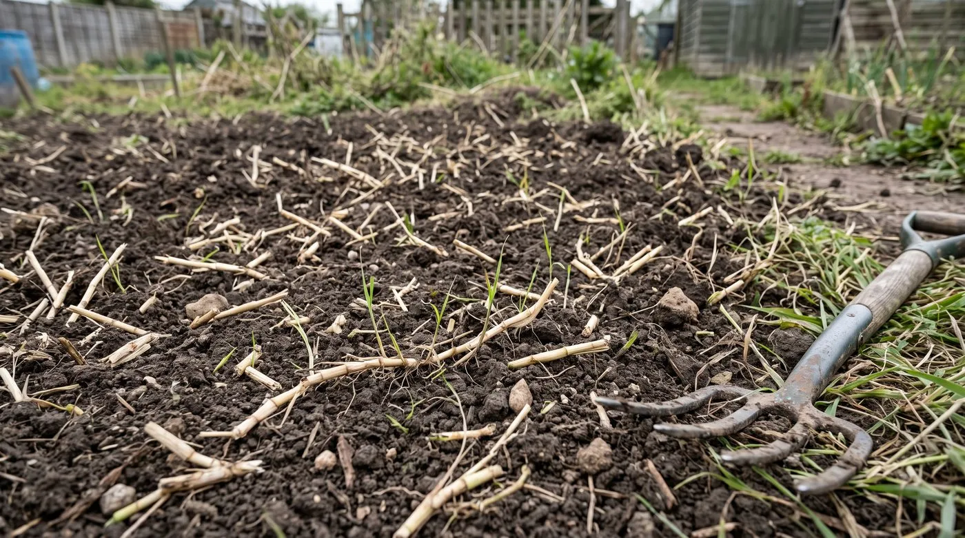 Chopped pieces of couch grass roots sprouting new shoots in freshly rotavated soil