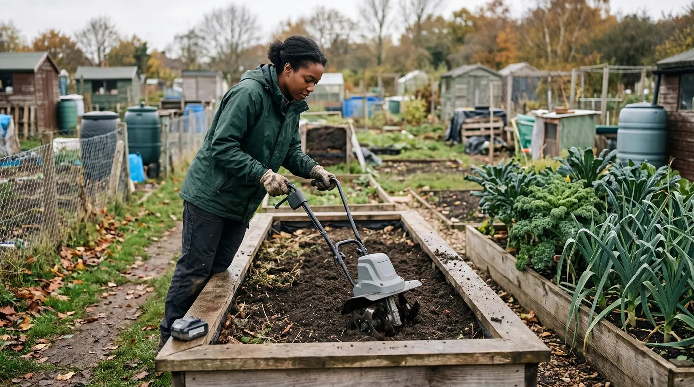 Gardener loosening soil in a raised bed with a small cordless electric tiller