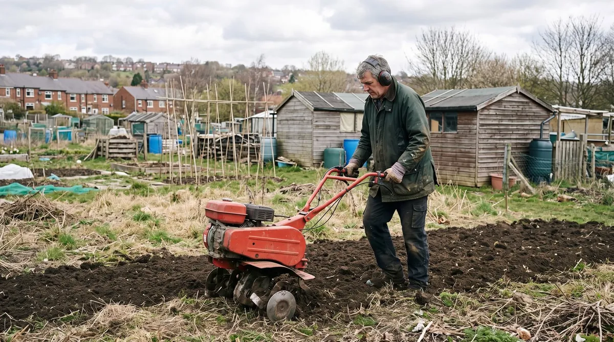 Gardener in ear defenders using a petrol rotavator on an allotment plot in spring