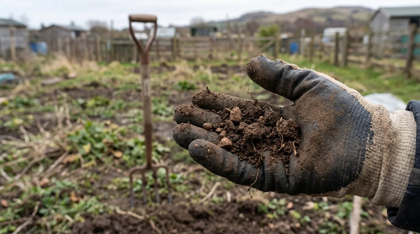 Gloved hand holding a squeezed handful of allotment soil that is breaking into crumbs