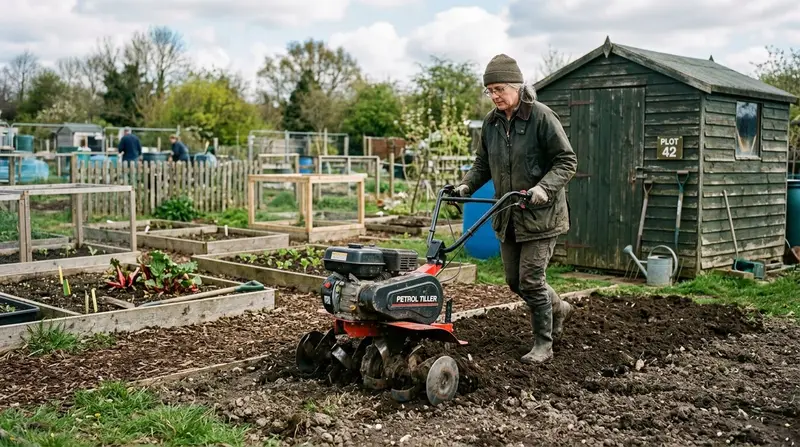 UK gardener using a petrol rotavator to till an allotment plot in early spring with fresh dark turned soil behind