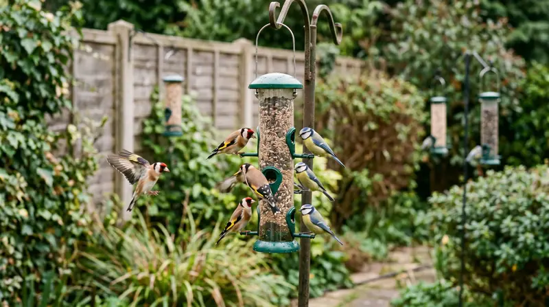 Goldfinches and blue tits feeding on a clean tube feeder in a UK suburban garden, with three feeders spaced well apart