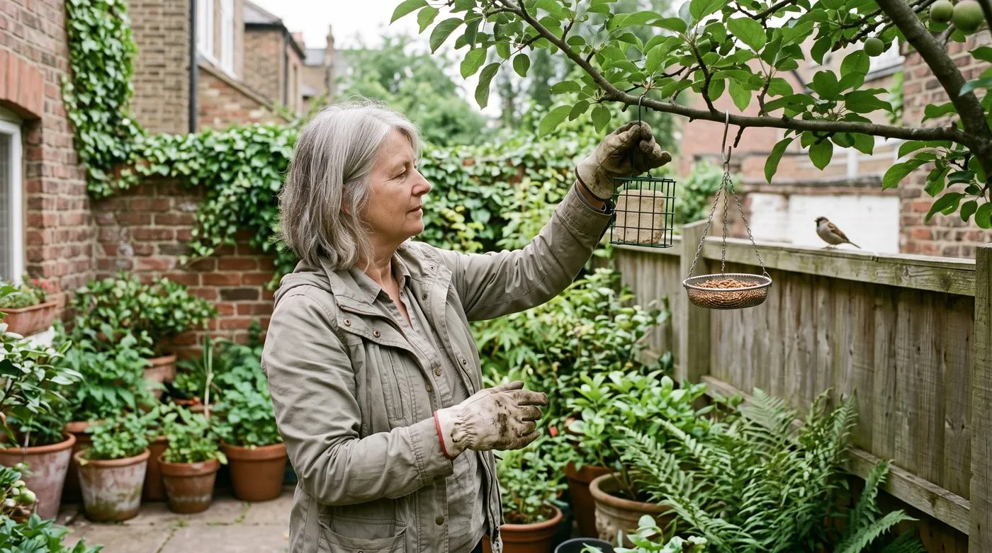A gardener hanging a suet cage feeder in a courtyard garden in summer while a house sparrow waits on the fence