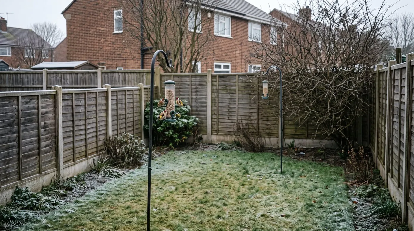 Two tube bird feeders hung well apart in a frosty suburban garden, with goldfinches and a blue tit feeding