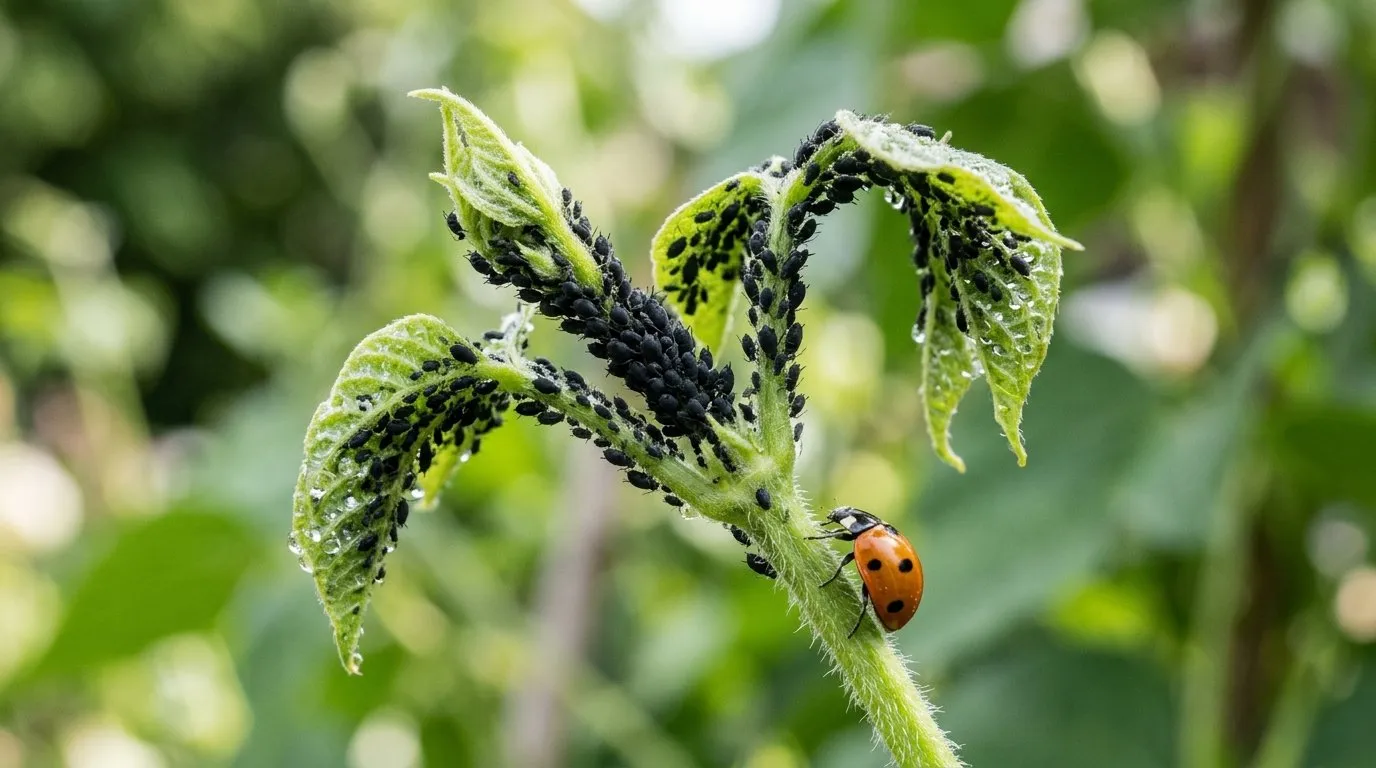 Dense blackfly colony clustered on the soft growing tip of a runner bean plant in a suburban garden
