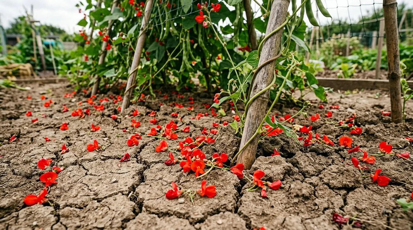 Runner bean flowers fallen whole and intact on dry soil beneath a cane frame in a UK allotment