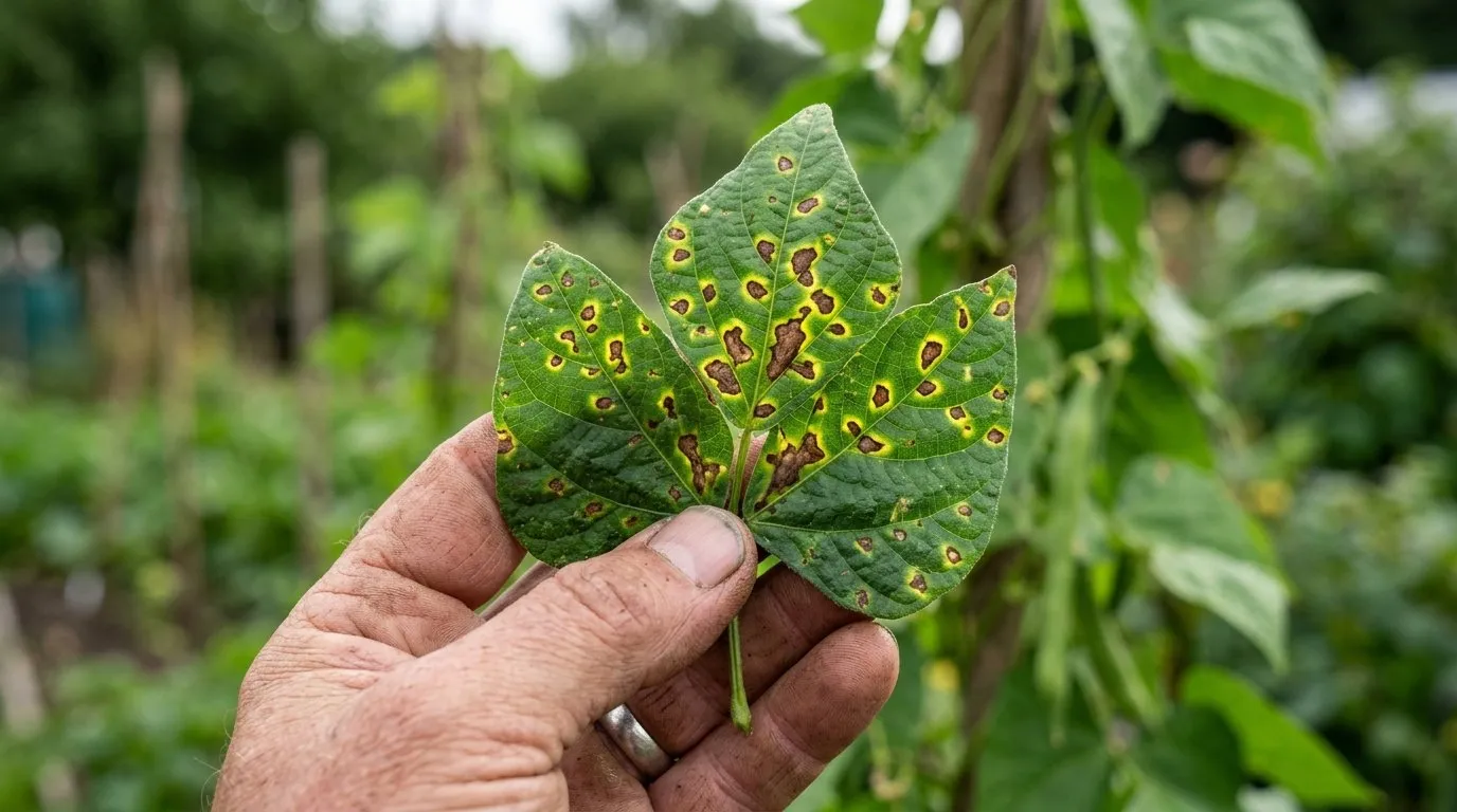 Runner bean leaf showing brown halo blight spots each ringed with a distinct yellow halo, held in a gardener's hand