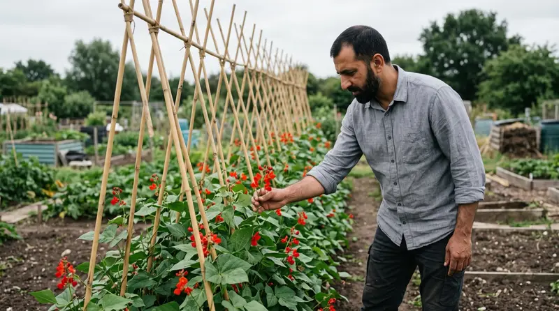 Runner beans in full red flower on a cane frame with no pods setting while a grower checks a truss