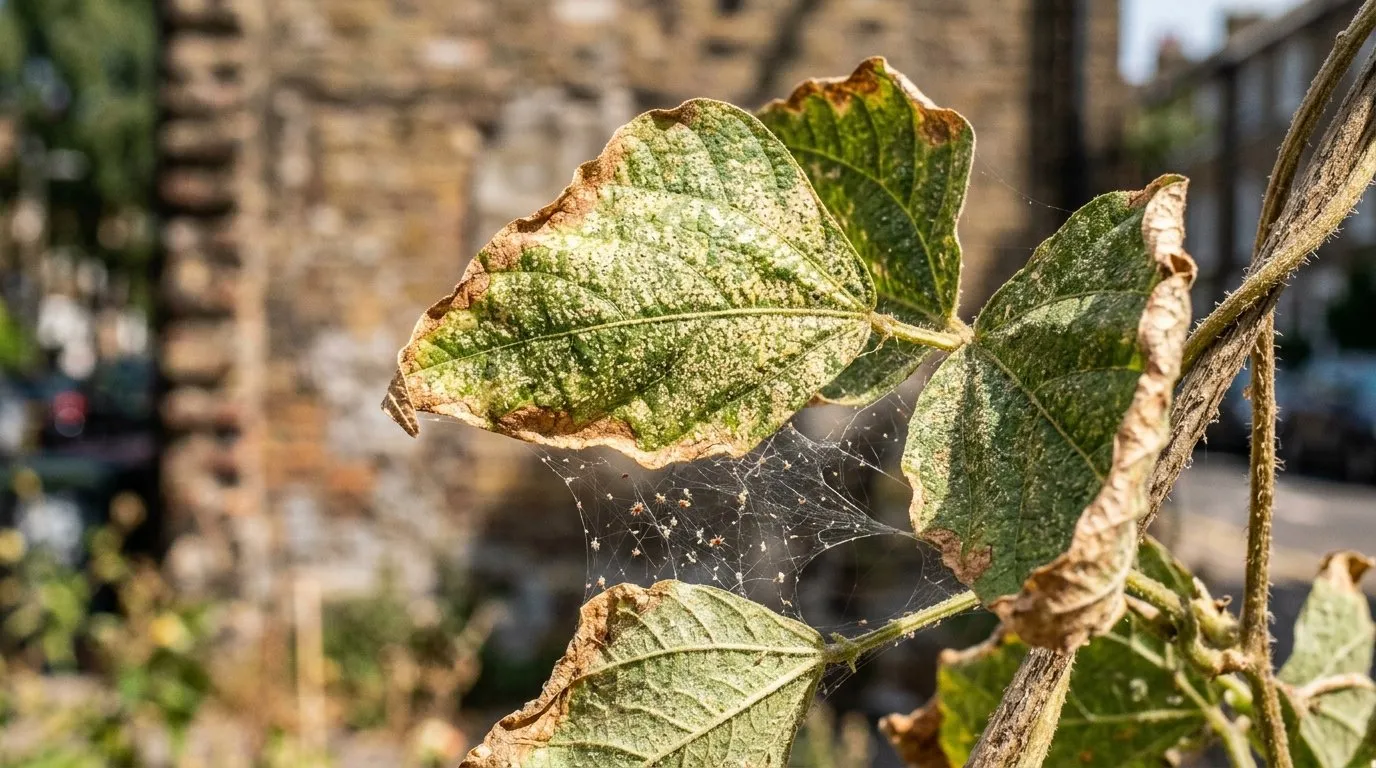 Runner bean leaves showing bronze mottling and fine webbing from red spider mite in a hot dry city garden