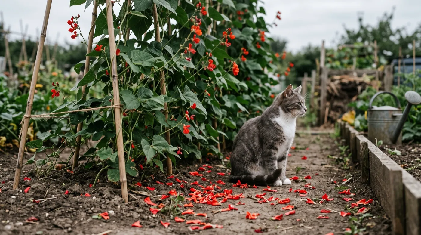Torn runner bean petals shredded by sparrows under a cane frame with a cat sitting on the path