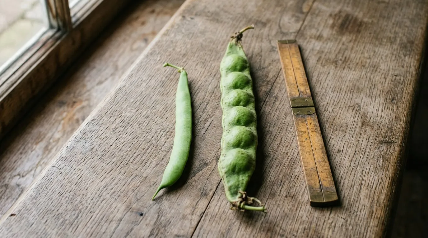 Young tender runner bean pod at 18cm beside an overgrown stringy pod at 30cm on a wooden bench