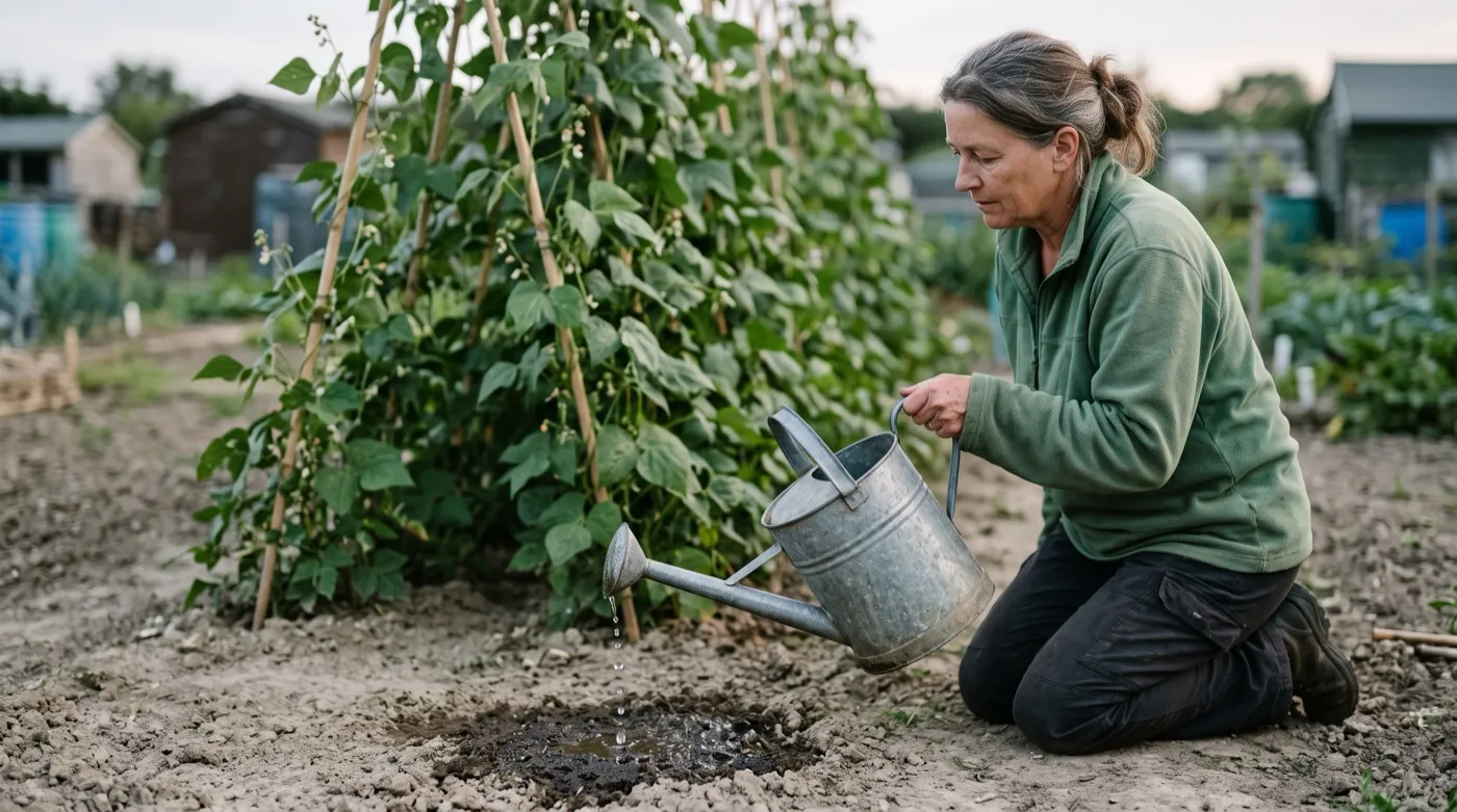 Watering a runner bean row at the base of the canes with a can, water going into the soil not onto the flowers