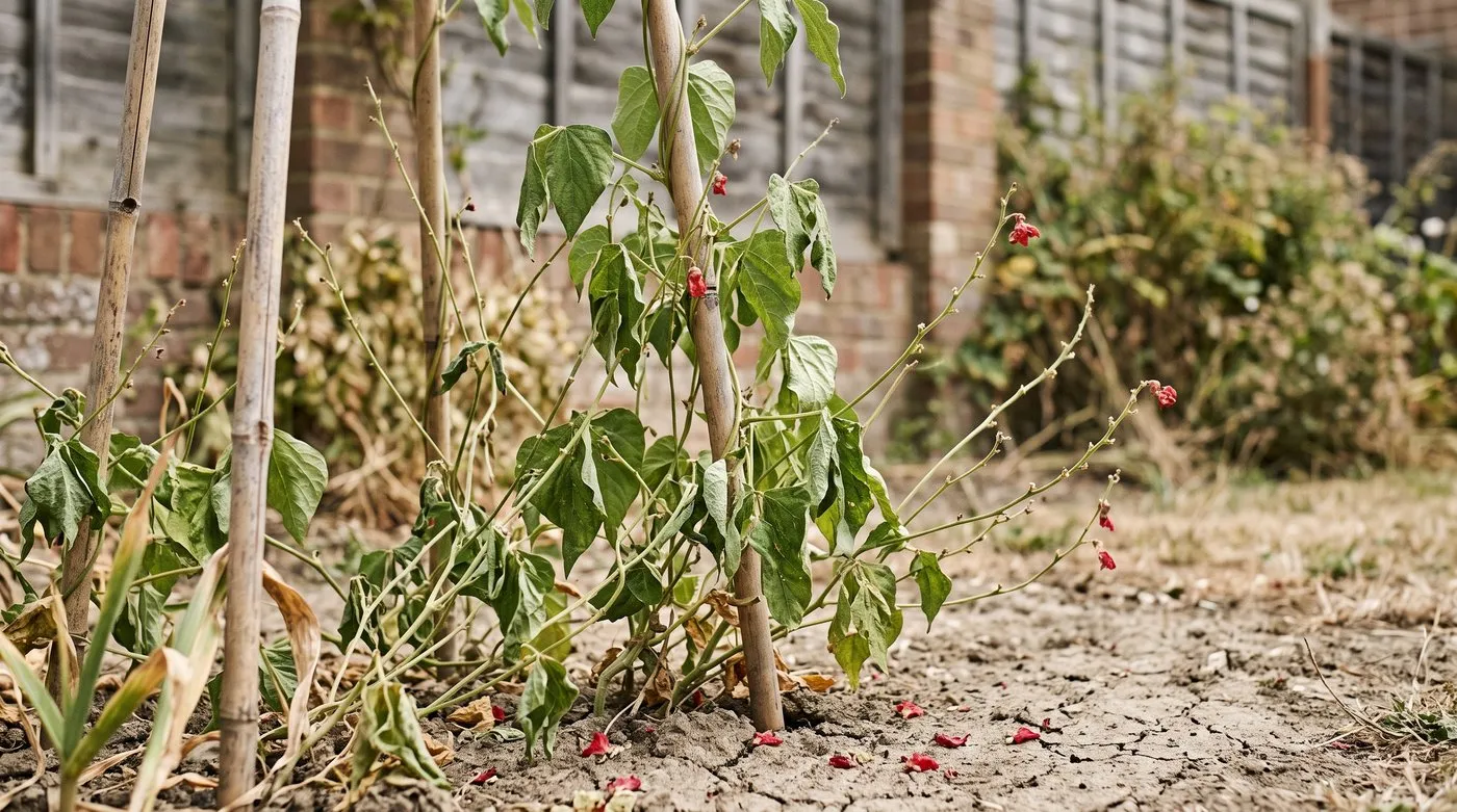 Runner bean flower stalks with no pods and fallen petals on dry, cracked soil