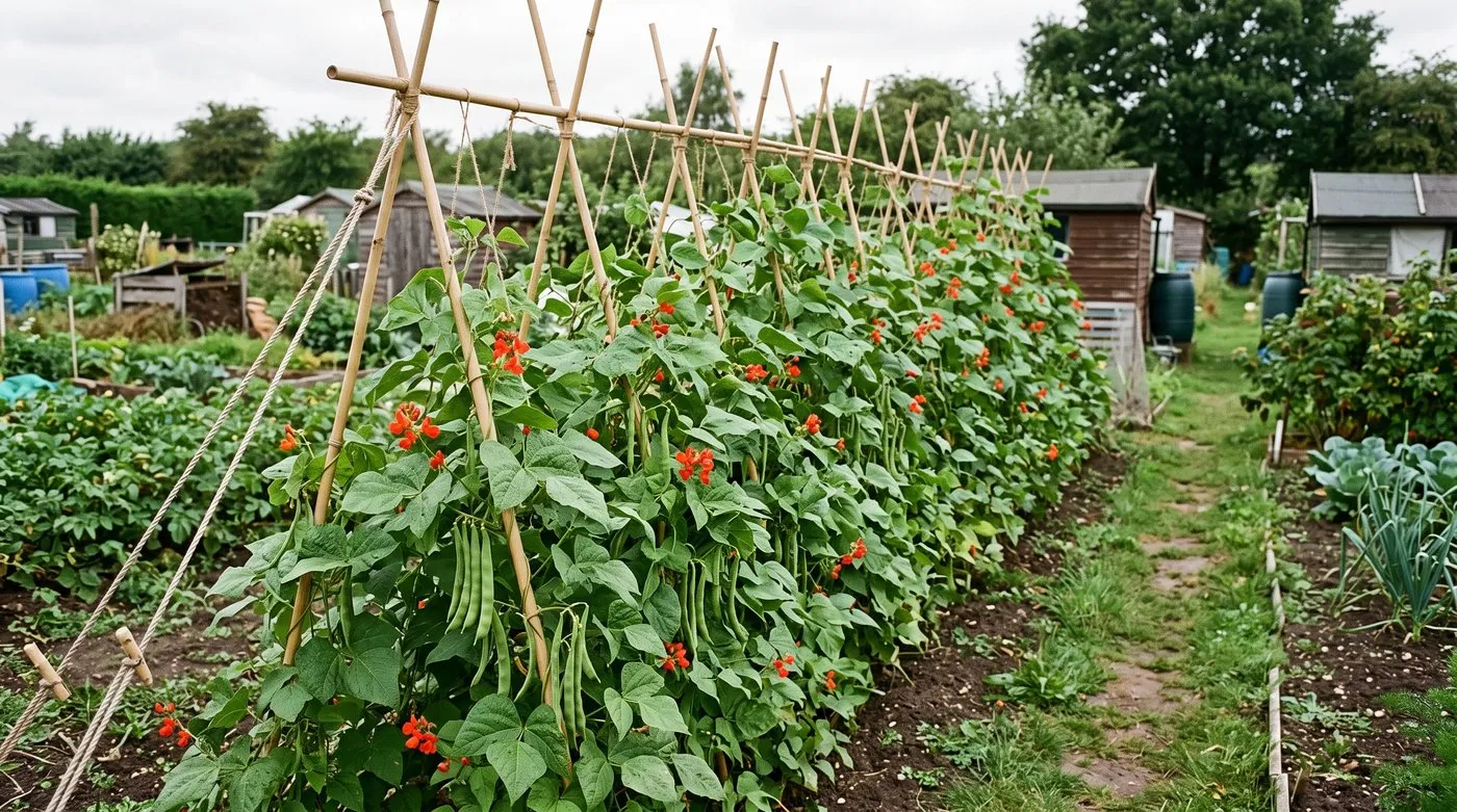 Long row of runner beans in full crop on a braced A-frame of crossed canes
