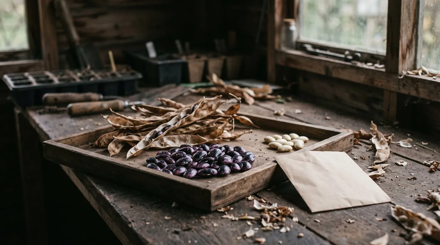 Dried runner bean pods split open with plump mottled purple beans on a tray