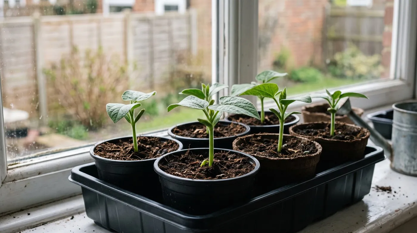 Sturdy runner bean seedlings, one per 9cm pot, on a bright kitchen windowsill
