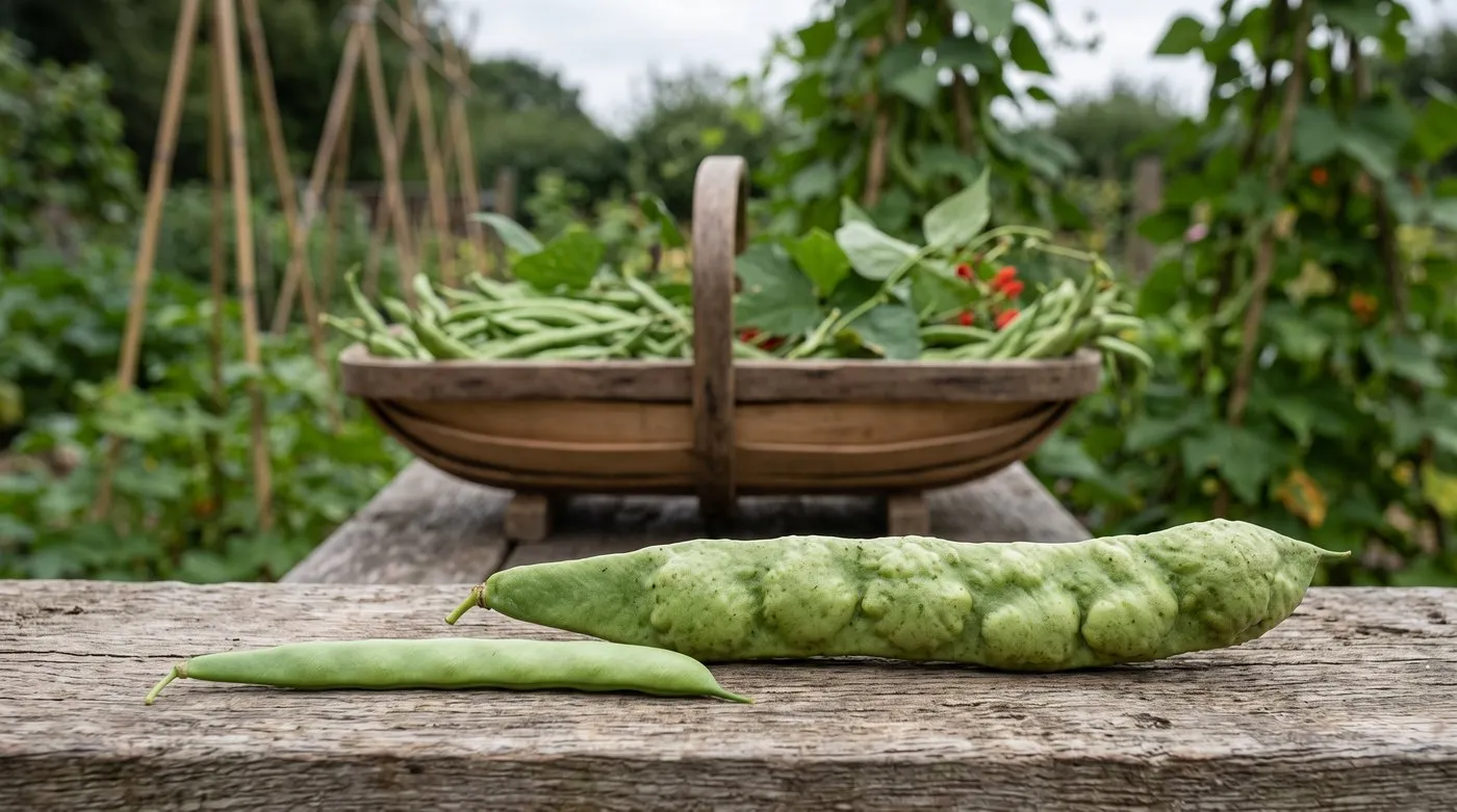 A tender 18cm runner bean beside an old, lumpy pod bulging with big beans