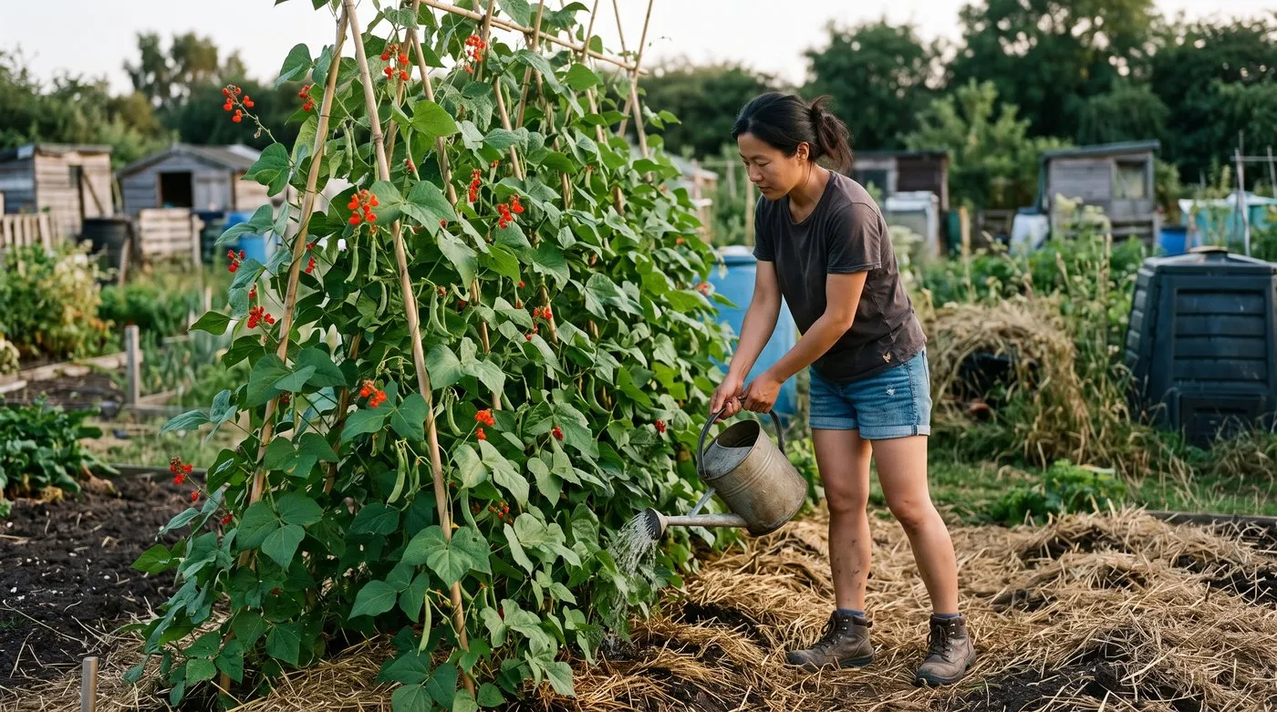 Woman watering the base of flowering runner beans in the evening on an allotment