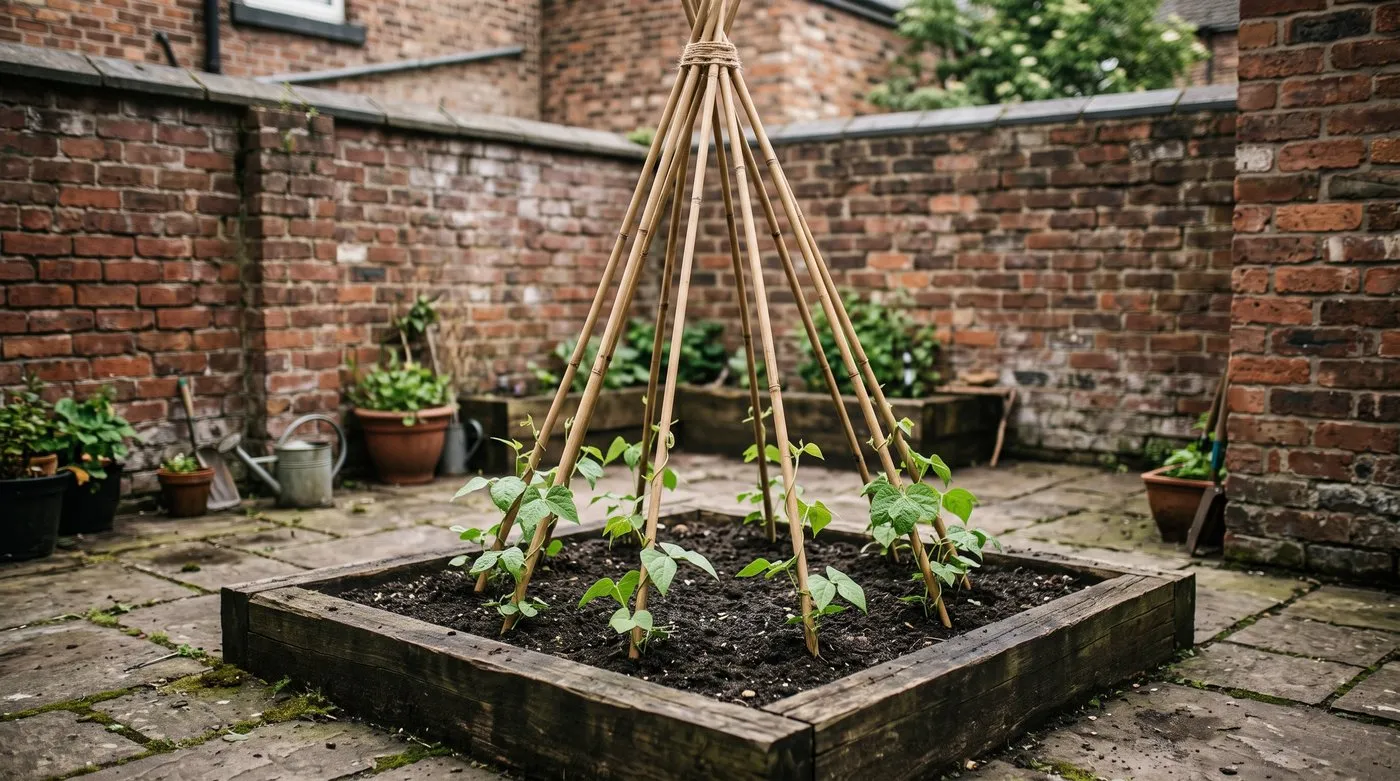 Bamboo cane wigwam with young runner bean plants climbing in a raised bed